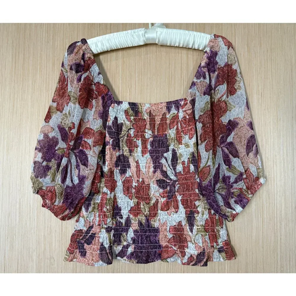 Old Navy Puff Sleeve Autumn Leaves Smocked Top Size Large Cottagecore Peasant